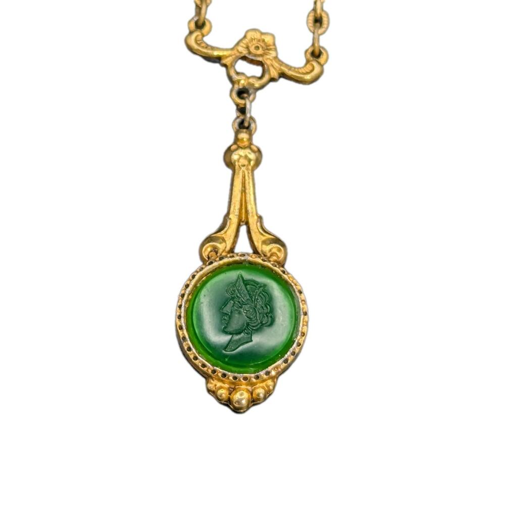 Vintage Arthur Pepper Art Nouveau Green Glass Cameo Of Woman's Face